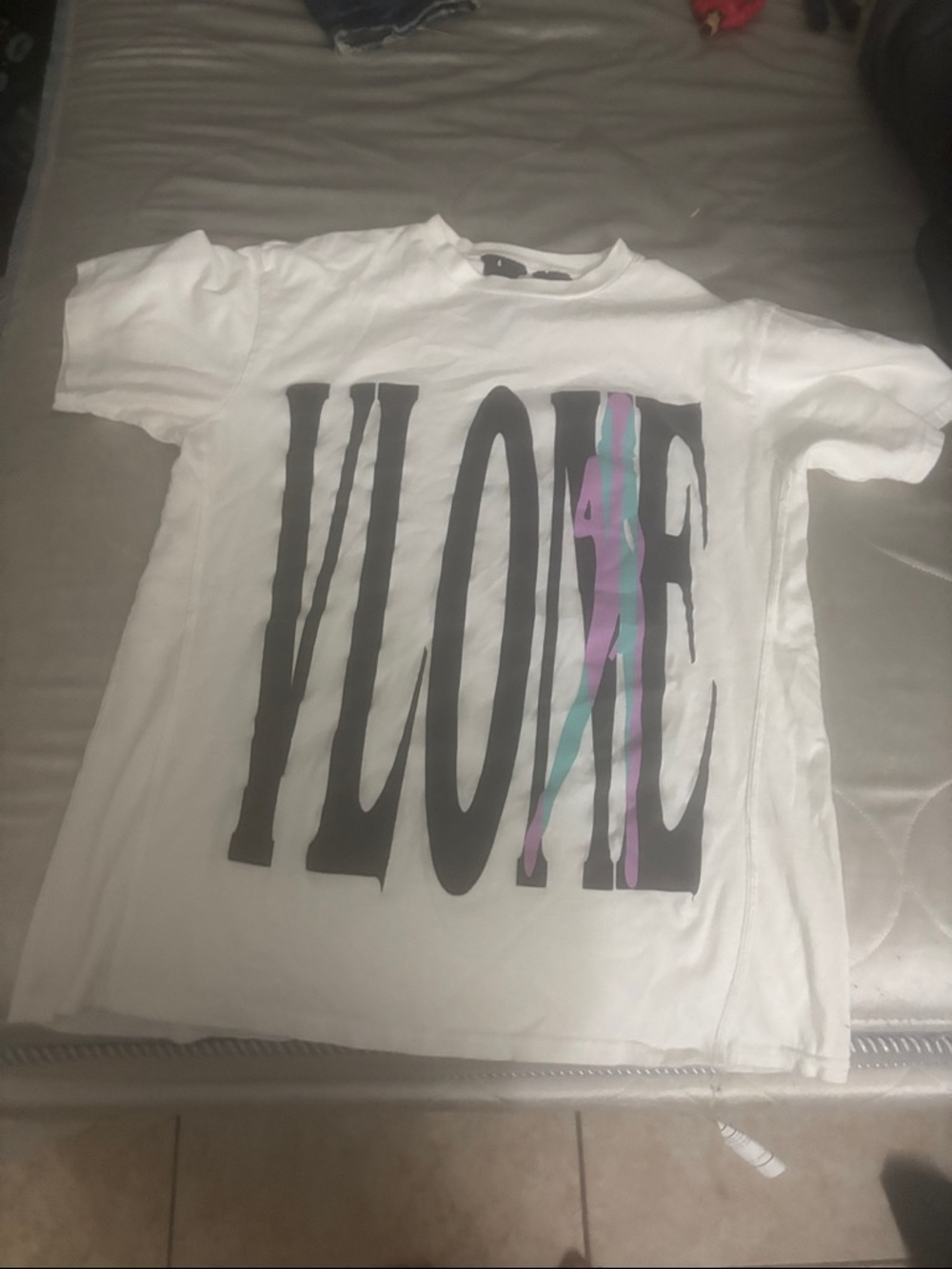 VLONE White Short Sleeve Tee with Black Logo and Teal & Lavender Accents